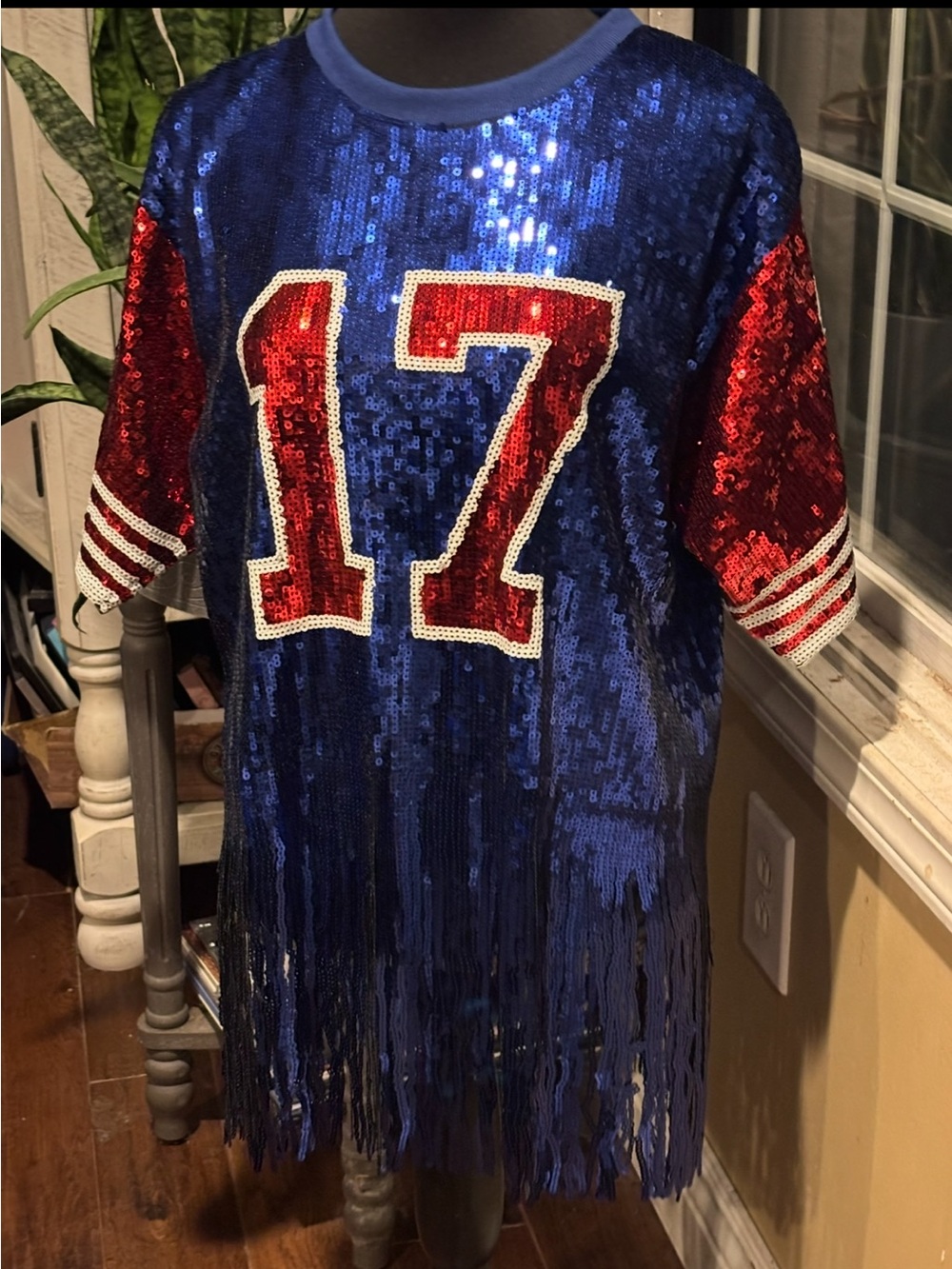 SEQUIN #17 BUFFALO FOOTBALL FAN JERSEY STYLE FRINGE TOP, FITS XS-XL